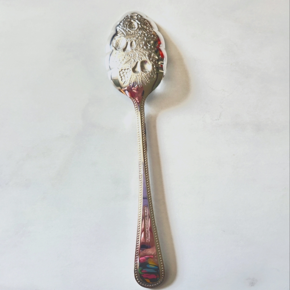 Sheffield England Silver Plate Fruit Embossed Serving Spoon